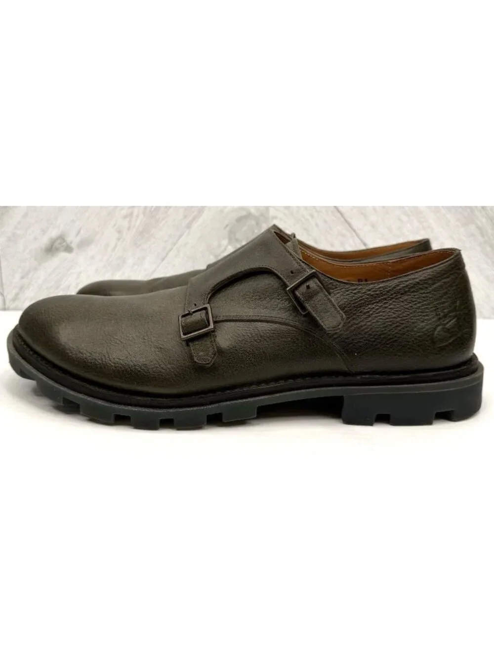 John Fluevog Collingtree Mens 10 Olive Green Leather Double Monk Strap Lug Shoes